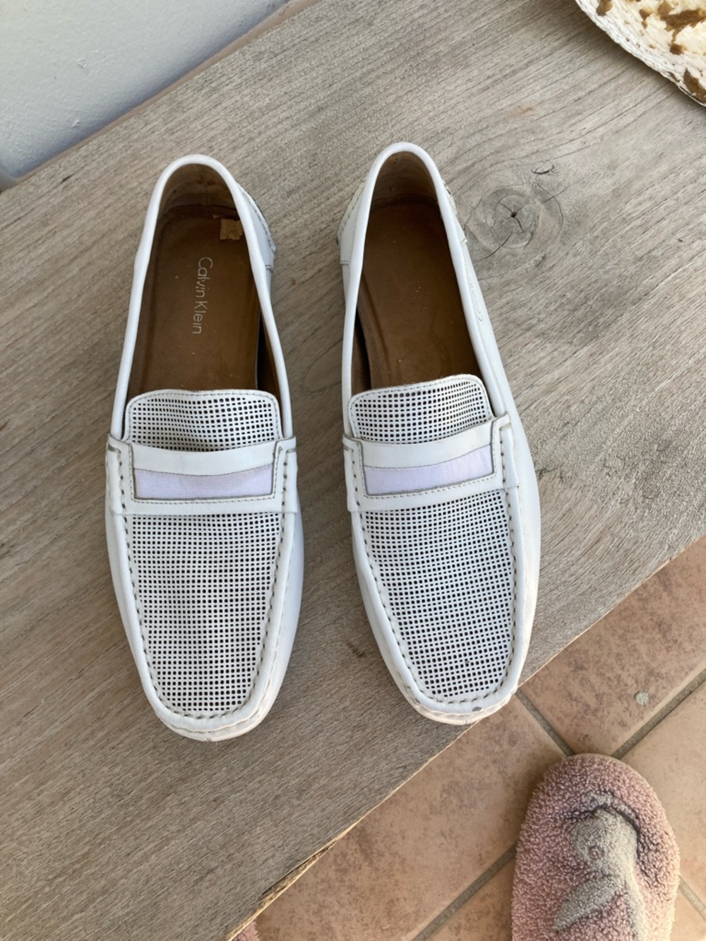Calvin Klein Men’s White Perforated Leather Slip-On Loafers